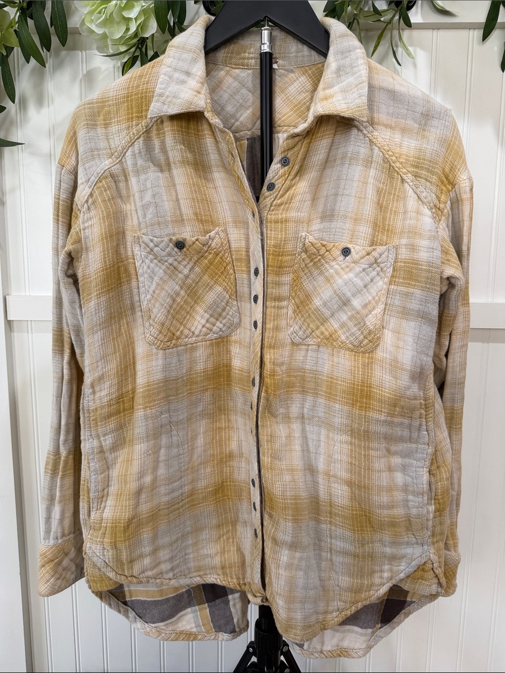 #871 FREE PEOPLE Mustard Yellow Plaid Button-Down SUPER SOFT w POCKETS! - Picture 2 of 12